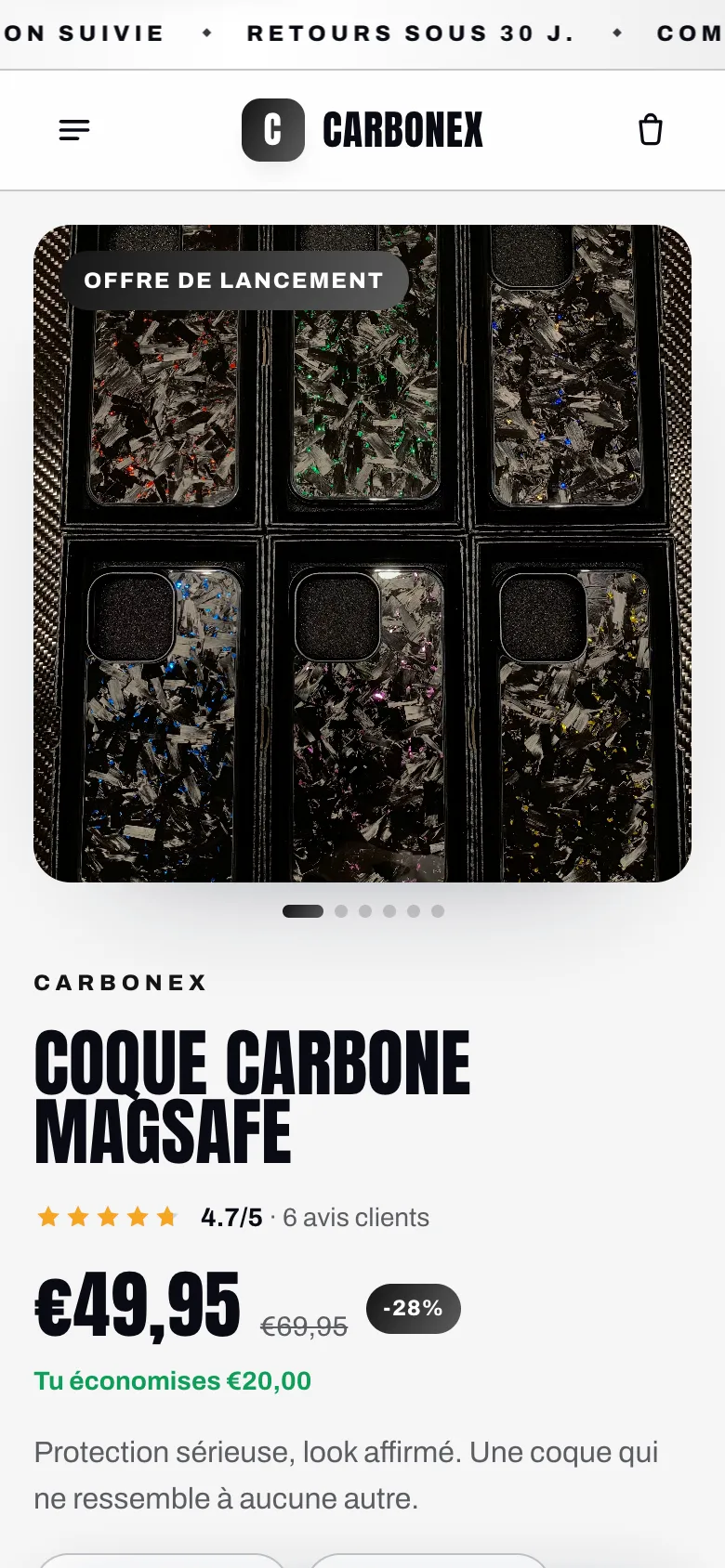 Boutique Carbonex sur mobile, générée par ThemeDrop