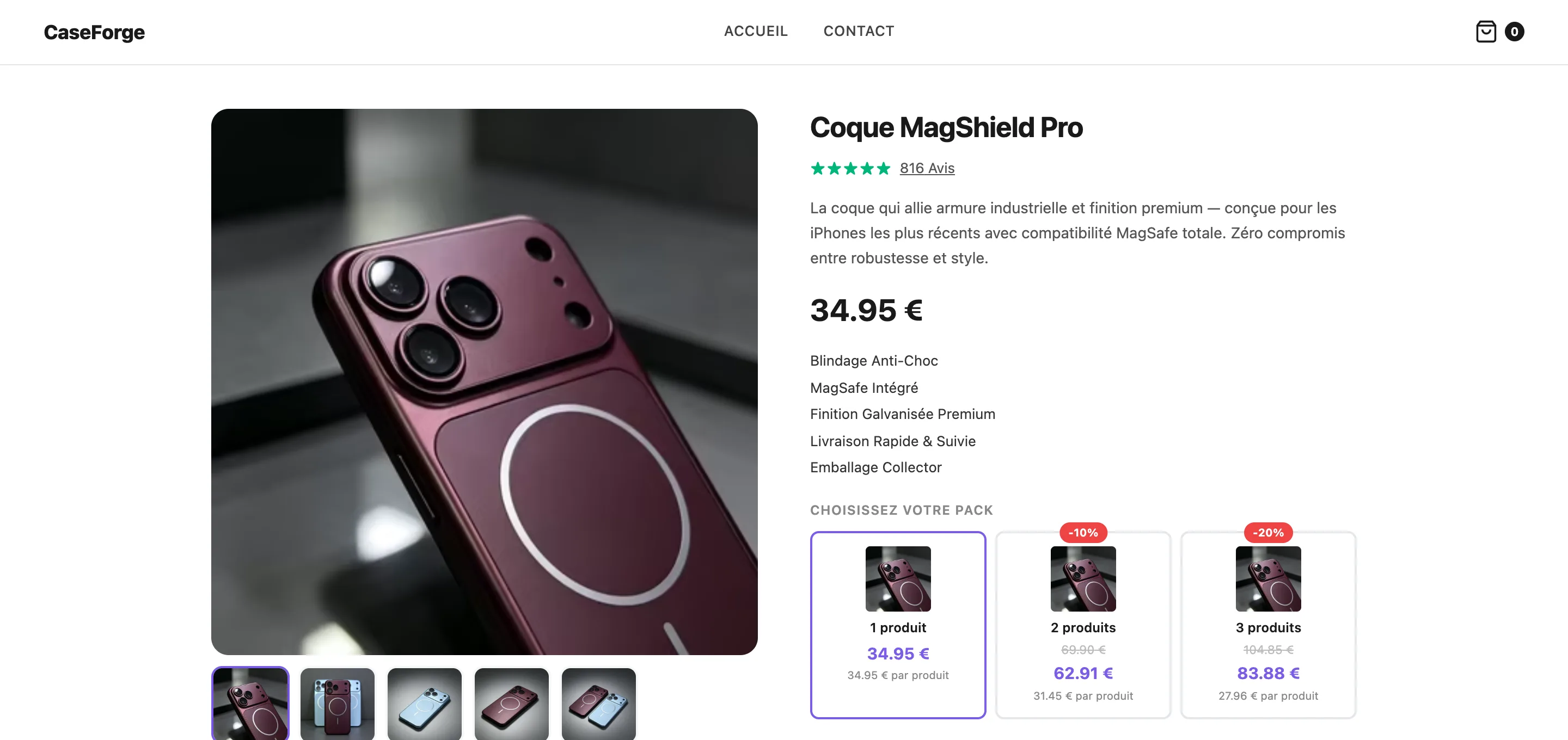 Fiche produit de la boutique CaseForge, générée par le Générateur Pro