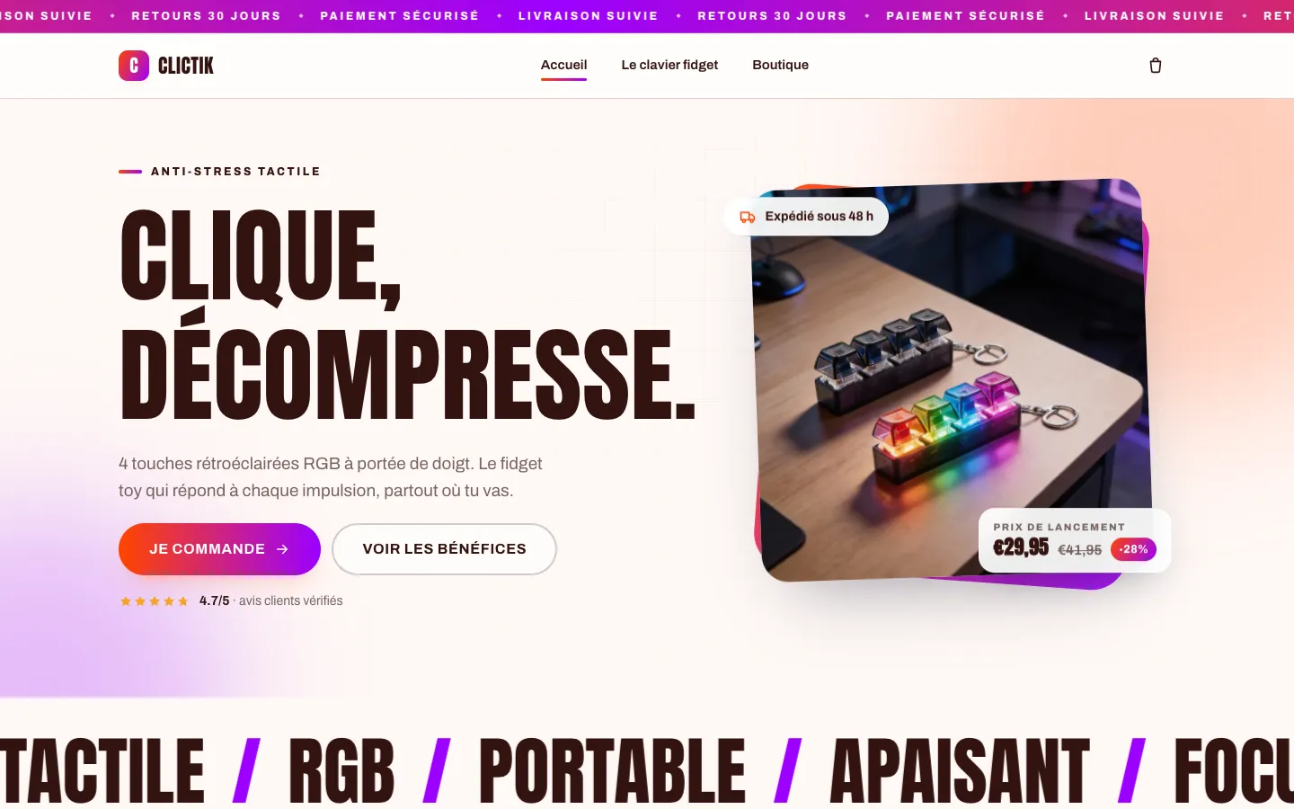 Page d'accueil de la boutique Clictik, générée par ThemeDrop