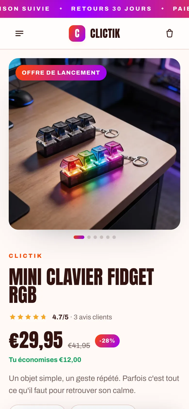 Boutique Clictik sur mobile, générée par ThemeDrop