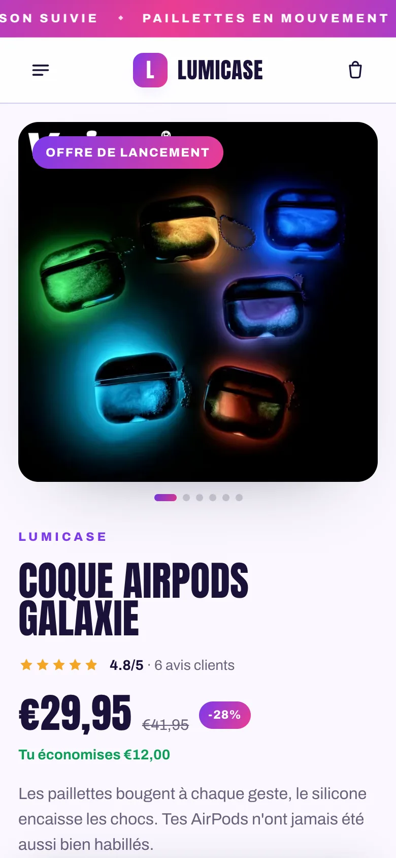 Boutique Lumicase sur mobile, générée par ThemeDrop
