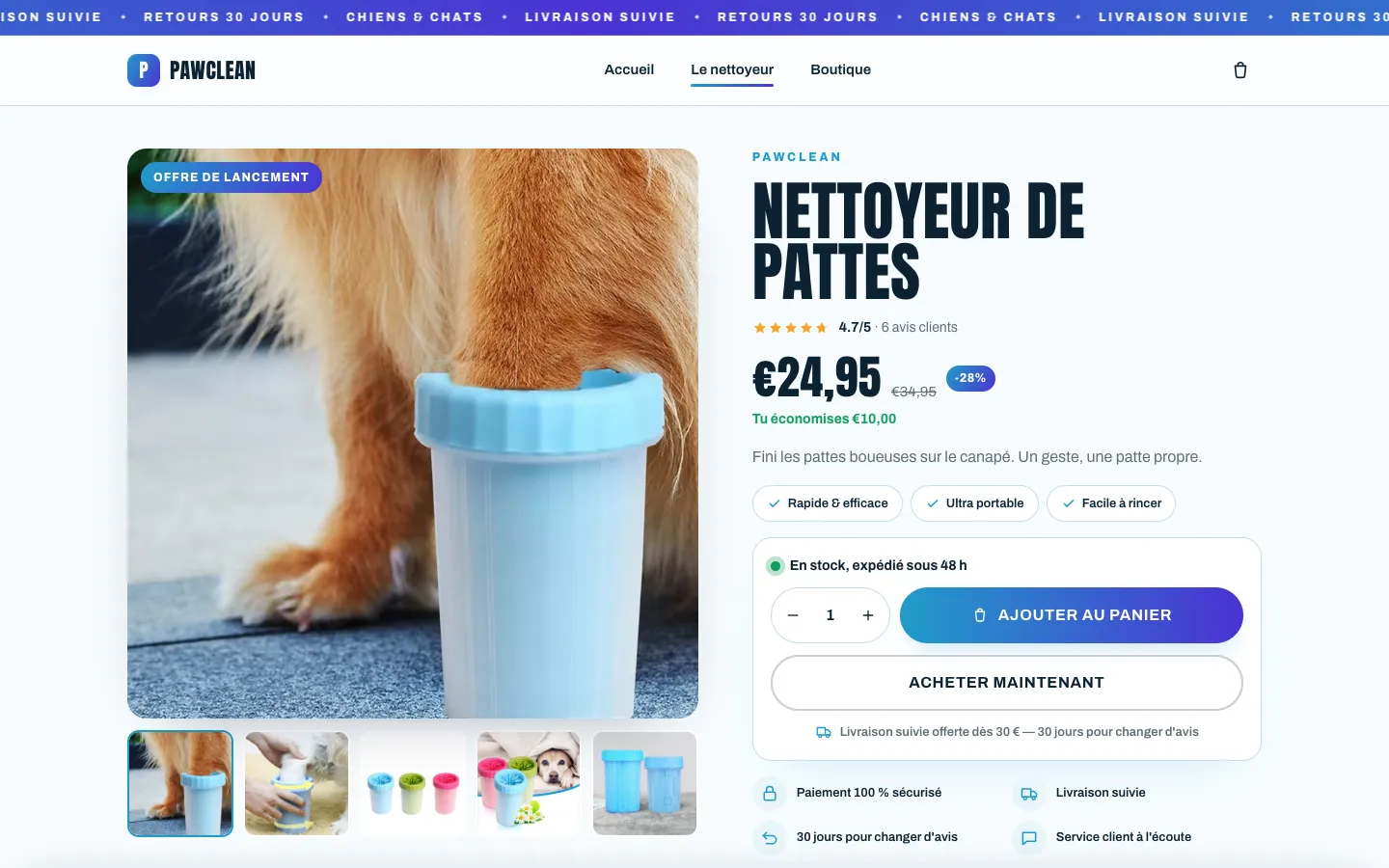 Fiche produit de la boutique PawClean, générée par ThemeDrop