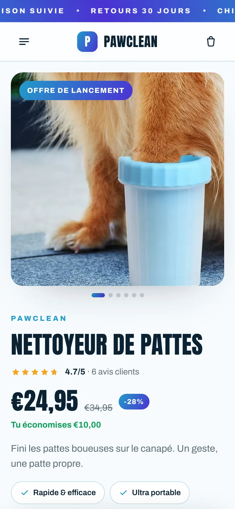 Boutique PawClean sur mobile, générée par ThemeDrop